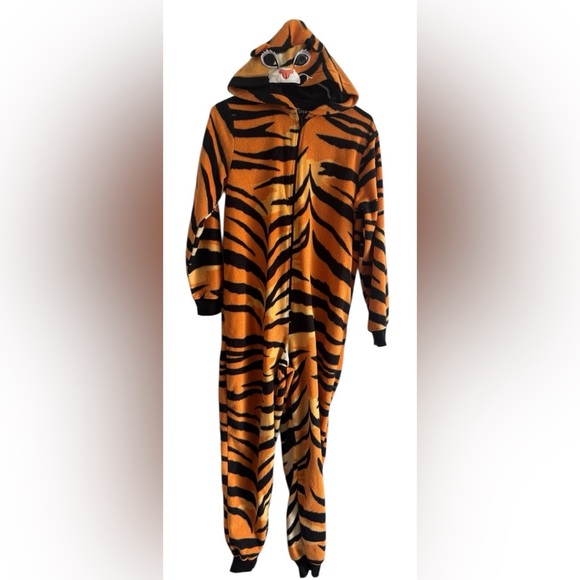 Nick & Nora Women's One Piece Zip Tiger Hooded Fleece Pajama Size Small - Picture 3 of 6
